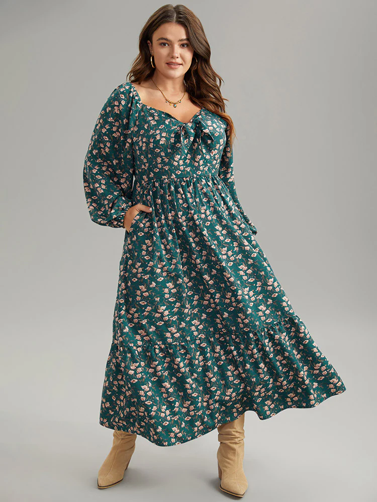 Ditsy Floral Square Neck Elastic Waist Ties Dress - Image 5