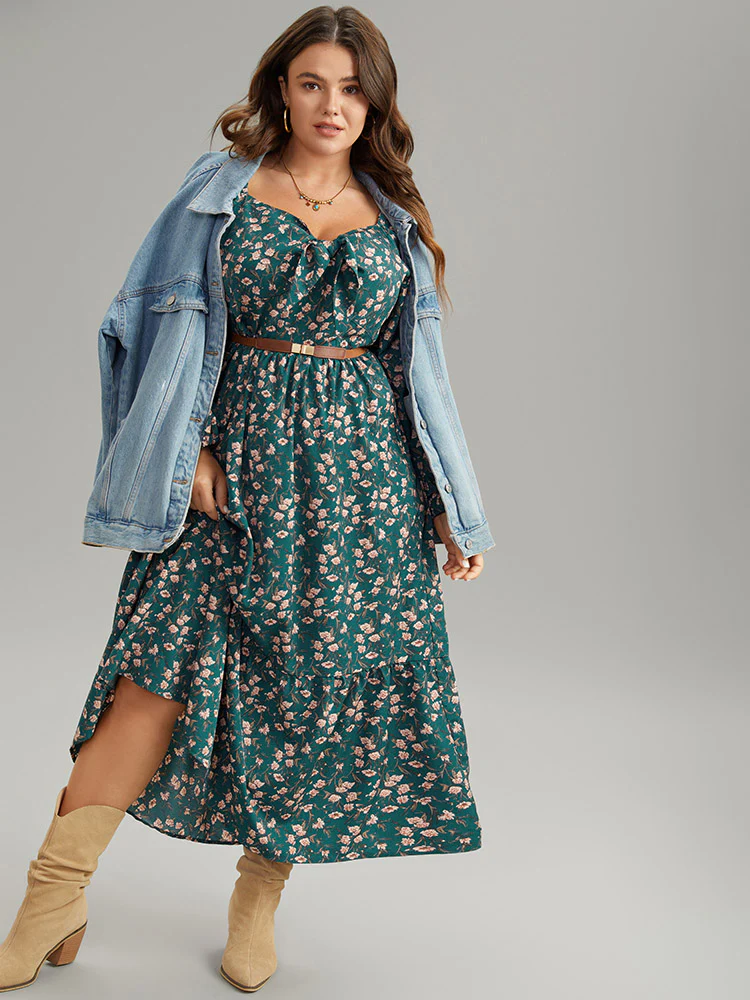 Ditsy Floral Square Neck Elastic Waist Ties Dress - Image 6