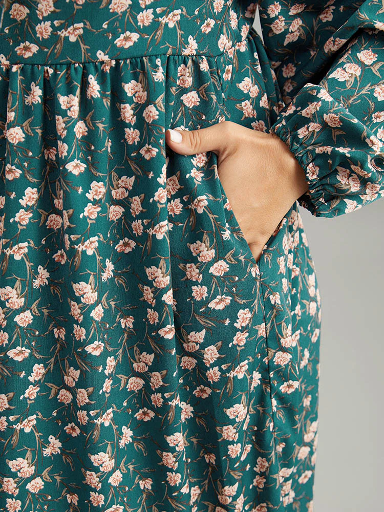 Ditsy Floral Square Neck Elastic Waist Ties Dress - Image 8
