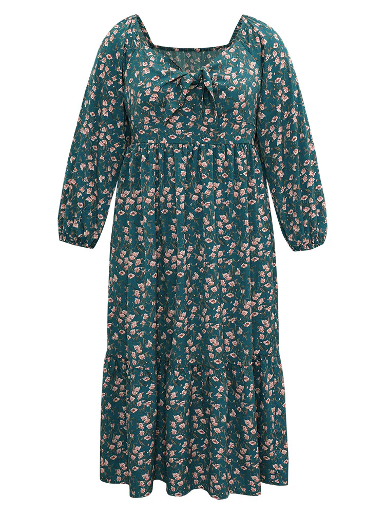 Ditsy Floral Square Neck Elastic Waist Ties Dress - Image 9