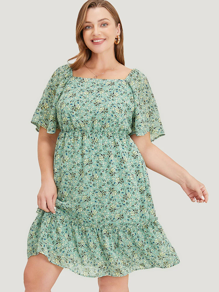 Ditsy Floral Square Neck Frill Trim Pocket Ruffle Hem Dress - Image 3
