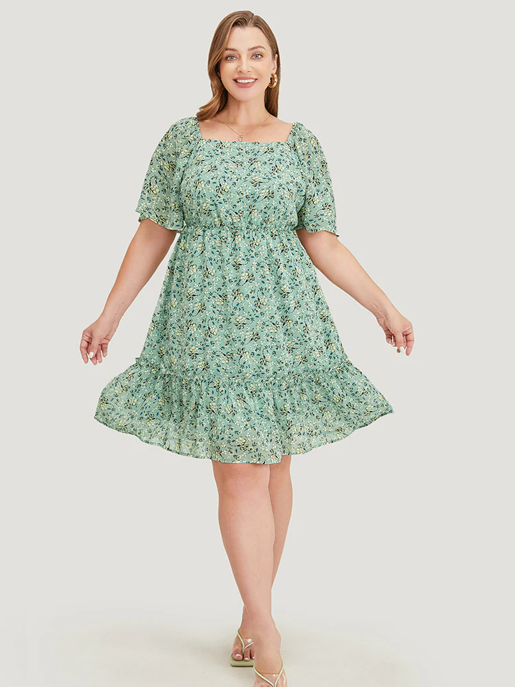 Ditsy Floral Square Neck Frill Trim Pocket Ruffle Hem Dress - Image 5