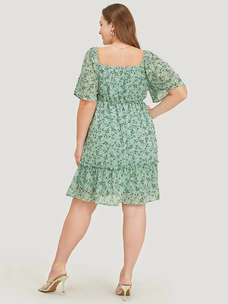 Ditsy Floral Square Neck Frill Trim Pocket Ruffle Hem Dress - Image 6