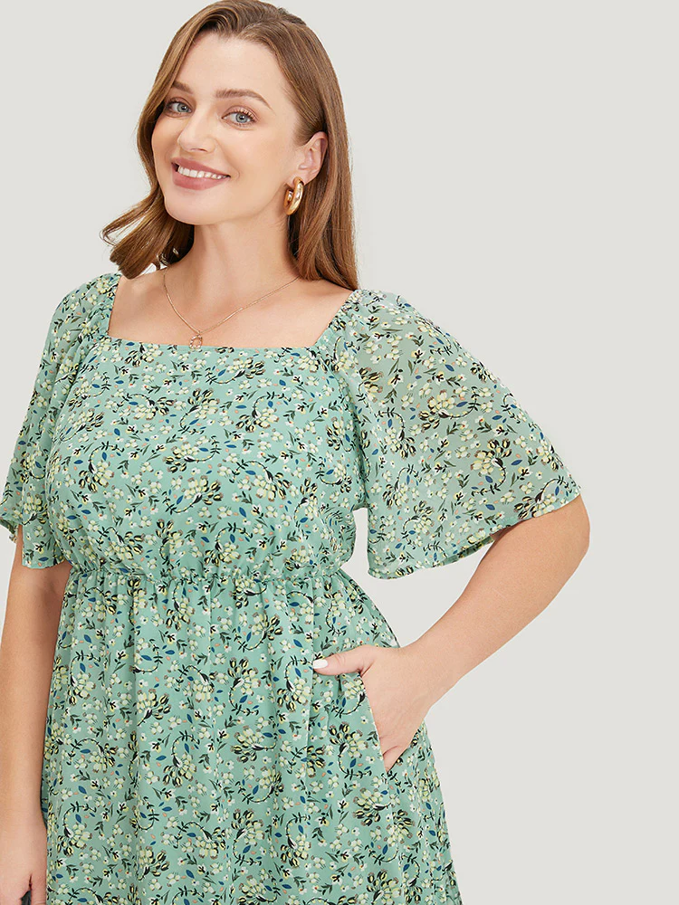 Ditsy Floral Square Neck Frill Trim Pocket Ruffle Hem Dress - Image 7