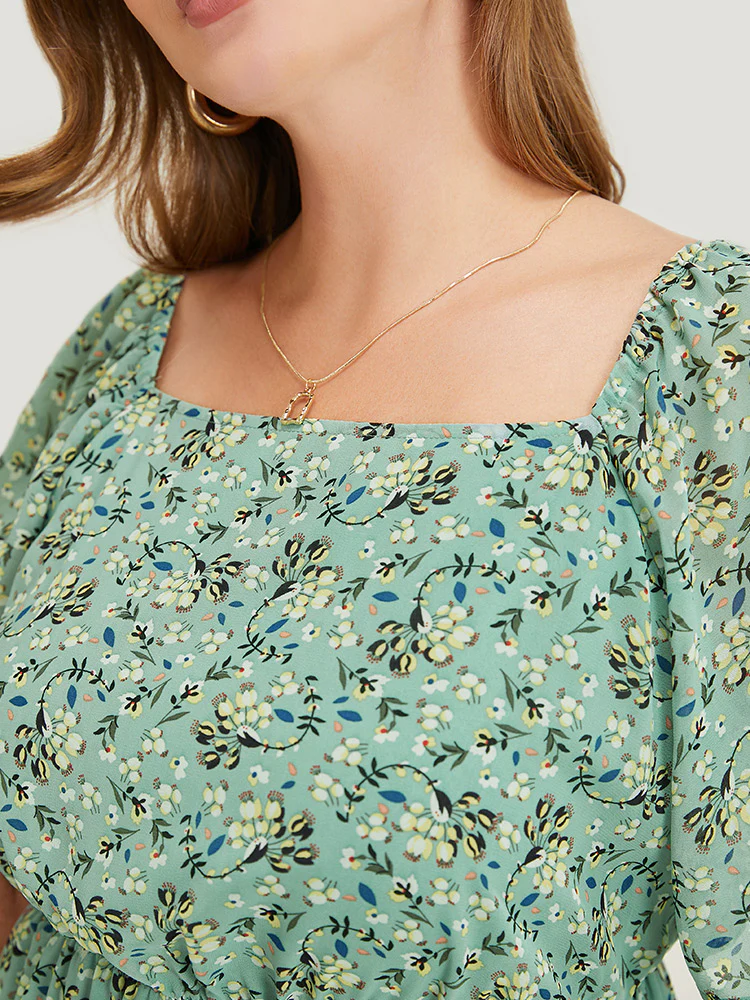 Ditsy Floral Square Neck Frill Trim Pocket Ruffle Hem Dress - Image 8
