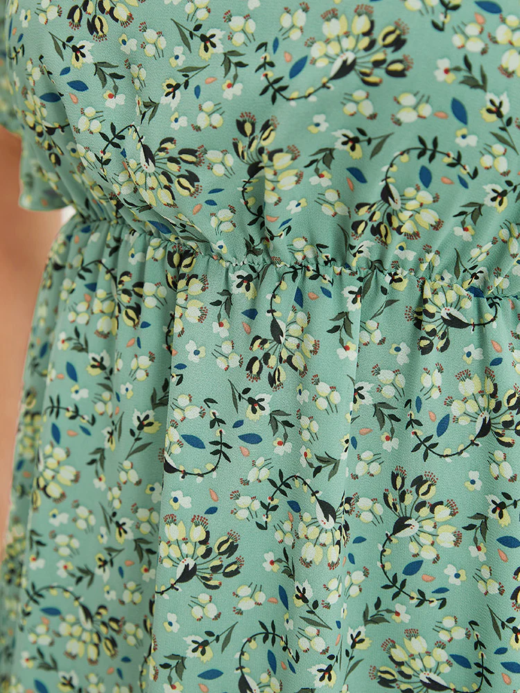 Ditsy Floral Square Neck Frill Trim Pocket Ruffle Hem Dress - Image 9