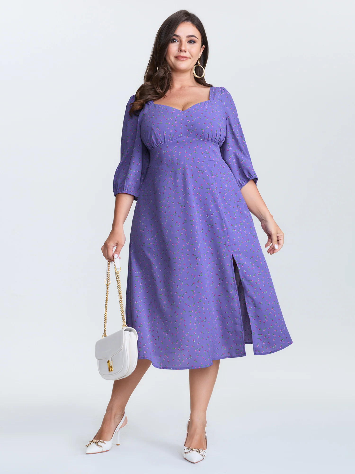 Ditsy Floral Sweetheart Neck Shirred Waist Midi Dress - Image 3