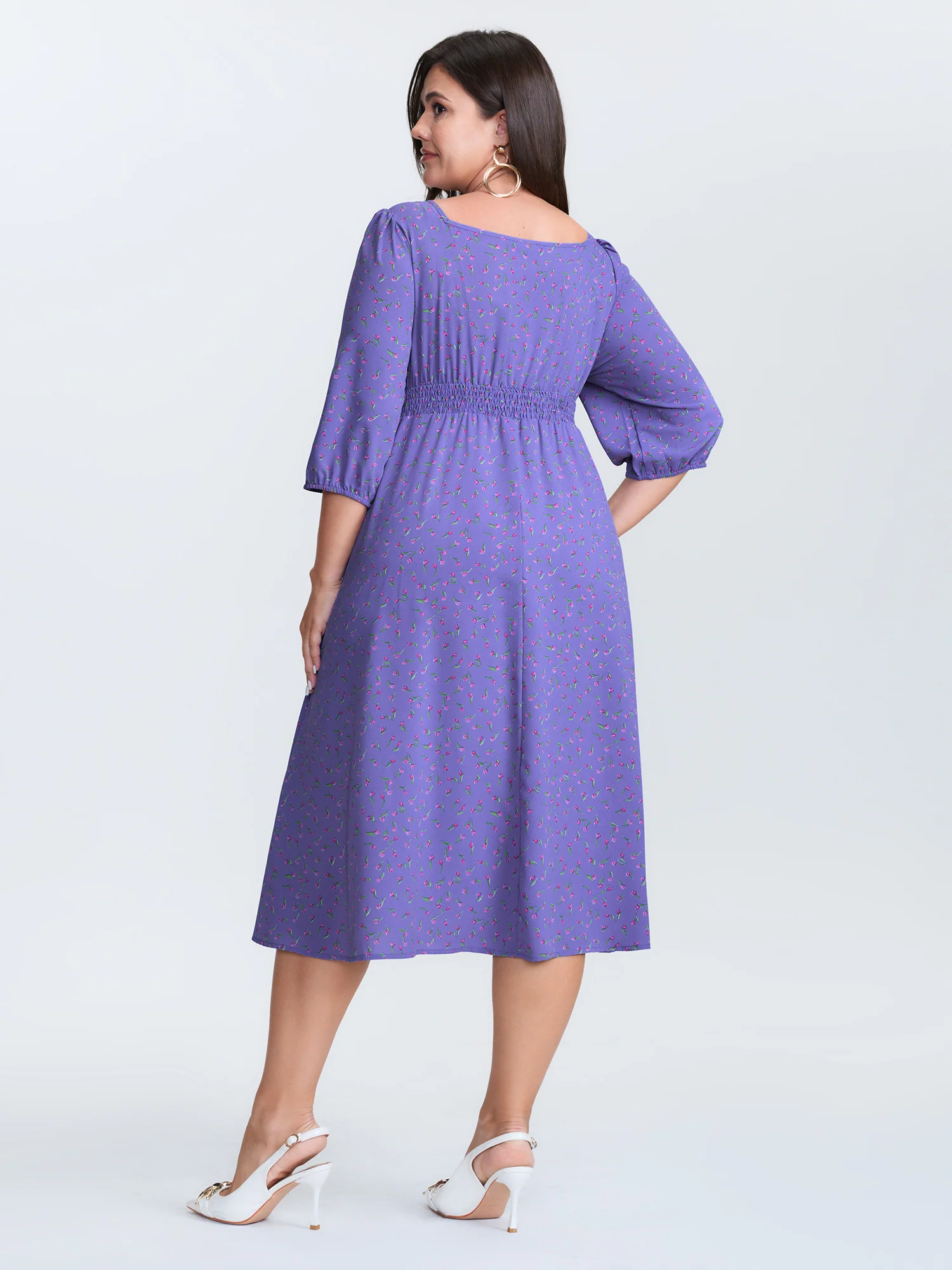 Ditsy Floral Sweetheart Neck Shirred Waist Midi Dress - Image 4