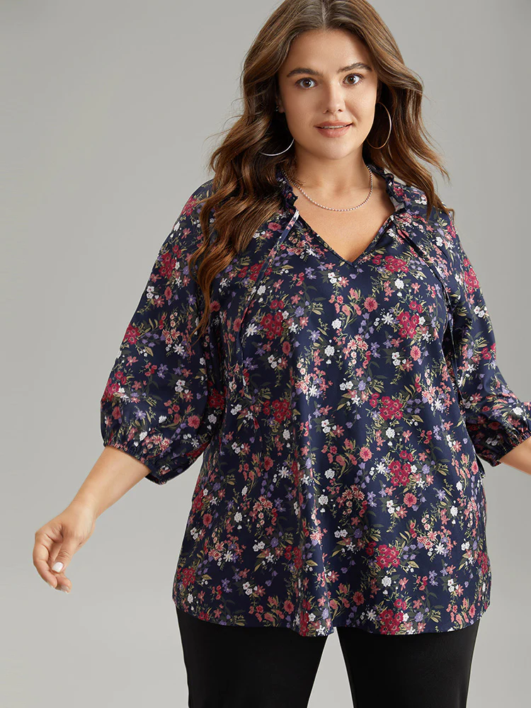 Ditsy Floral Tie Neck Elastic Cuffs Blouse - Image 2