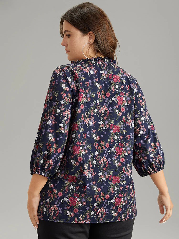 Ditsy Floral Tie Neck Elastic Cuffs Blouse - Image 3