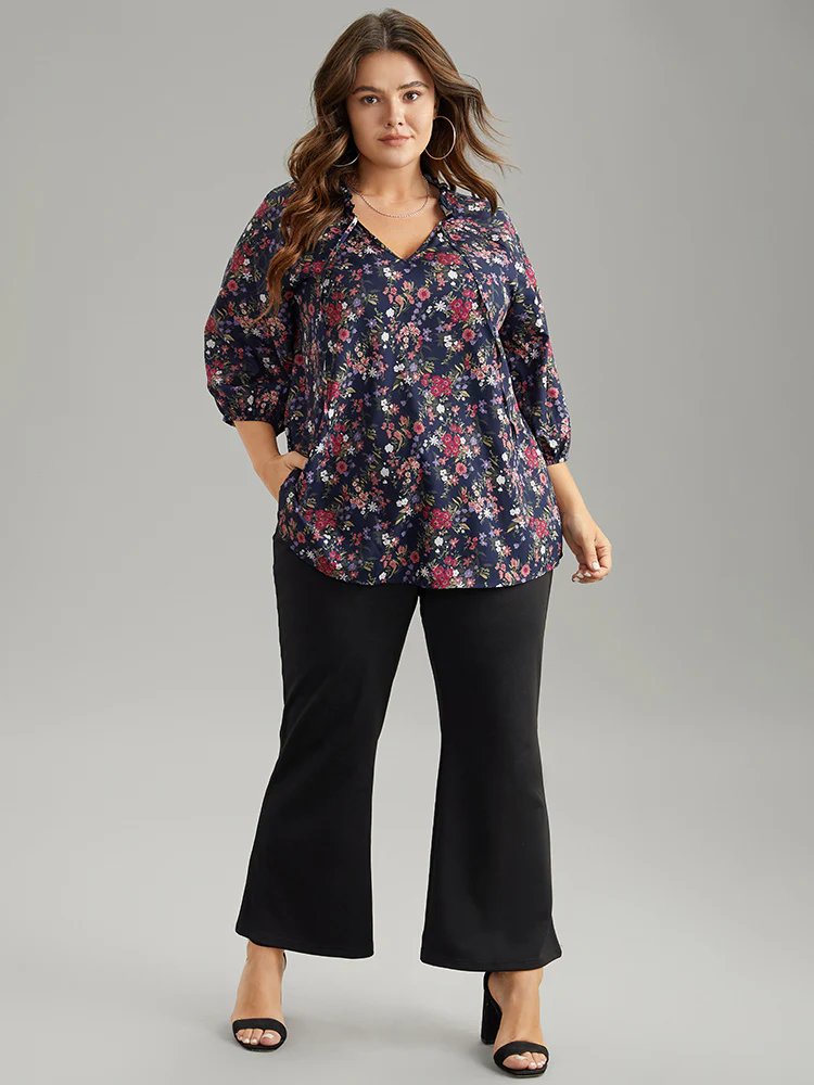 Ditsy Floral Tie Neck Elastic Cuffs Blouse - Image 5