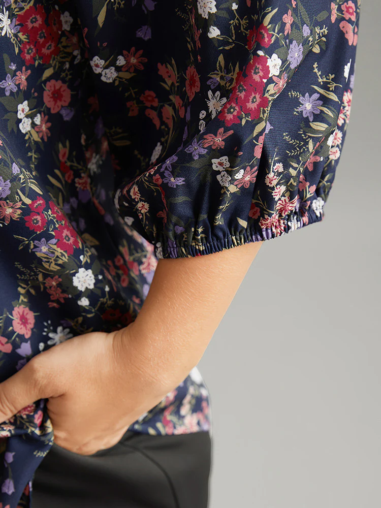 Ditsy Floral Tie Neck Elastic Cuffs Blouse - Image 7