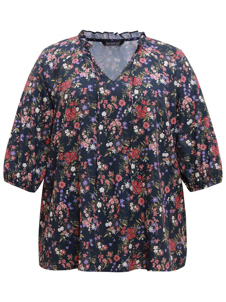 Ditsy Floral Tie Neck Elastic Cuffs Blouse - Image 9