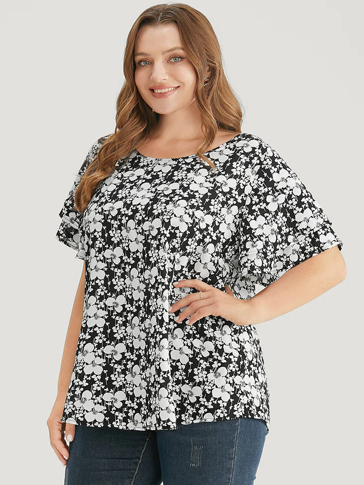 Ditsy Floral Tiered Sleeve Round Neck Ruffle Blouse - Image 3