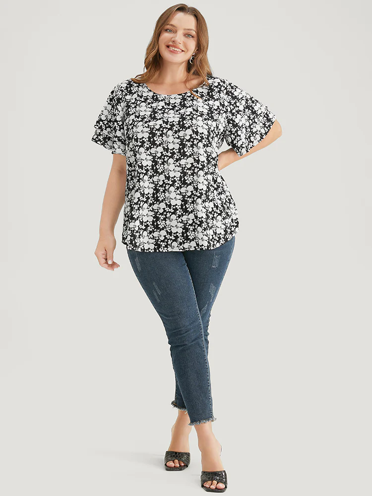 Ditsy Floral Tiered Sleeve Round Neck Ruffle Blouse - Image 4