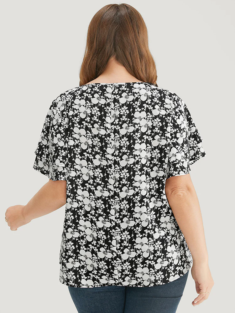 Ditsy Floral Tiered Sleeve Round Neck Ruffle Blouse - Image 5