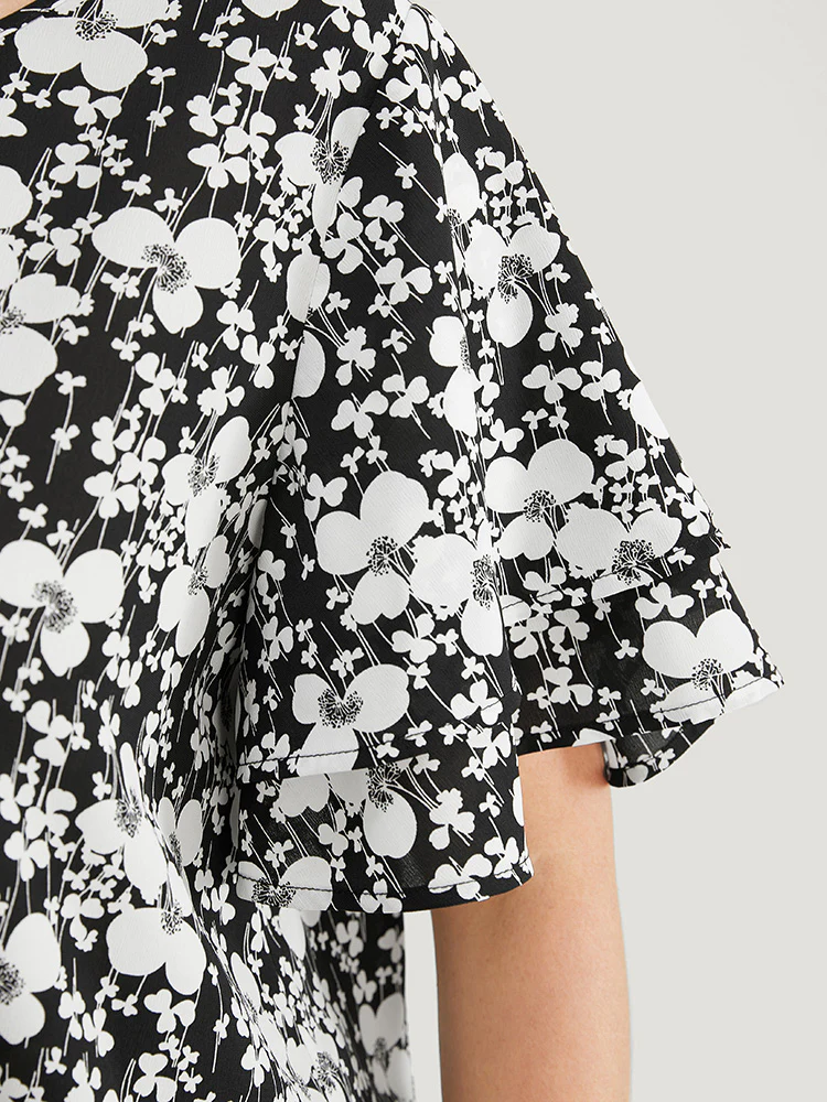 Ditsy Floral Tiered Sleeve Round Neck Ruffle Blouse - Image 6