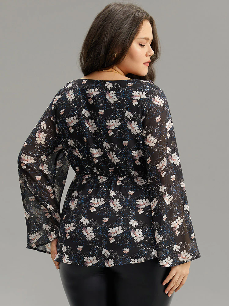 Ditsy Floral Ties Ruffles Elastic Waist Blouse - Image 2