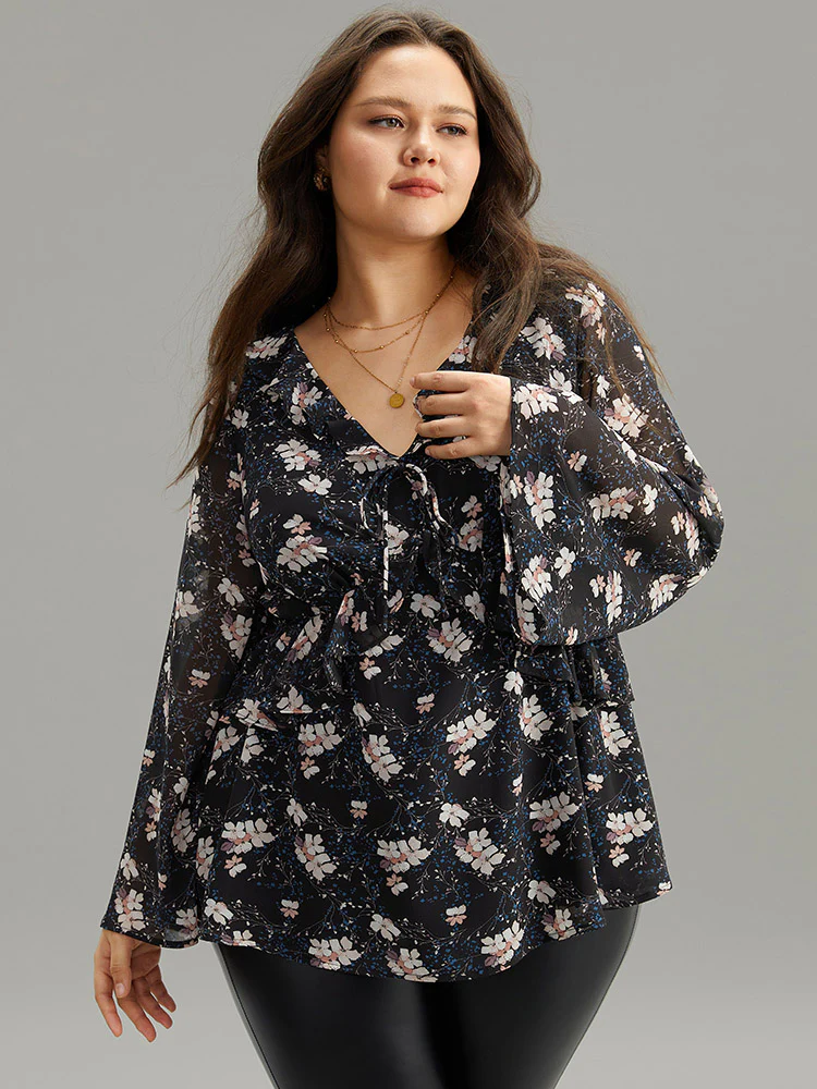 Ditsy Floral Ties Ruffles Elastic Waist Blouse - Image 3