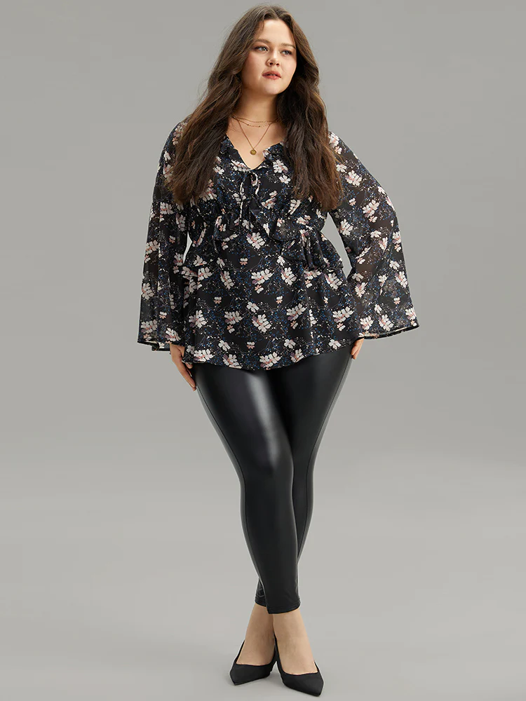 Ditsy Floral Ties Ruffles Elastic Waist Blouse - Image 5
