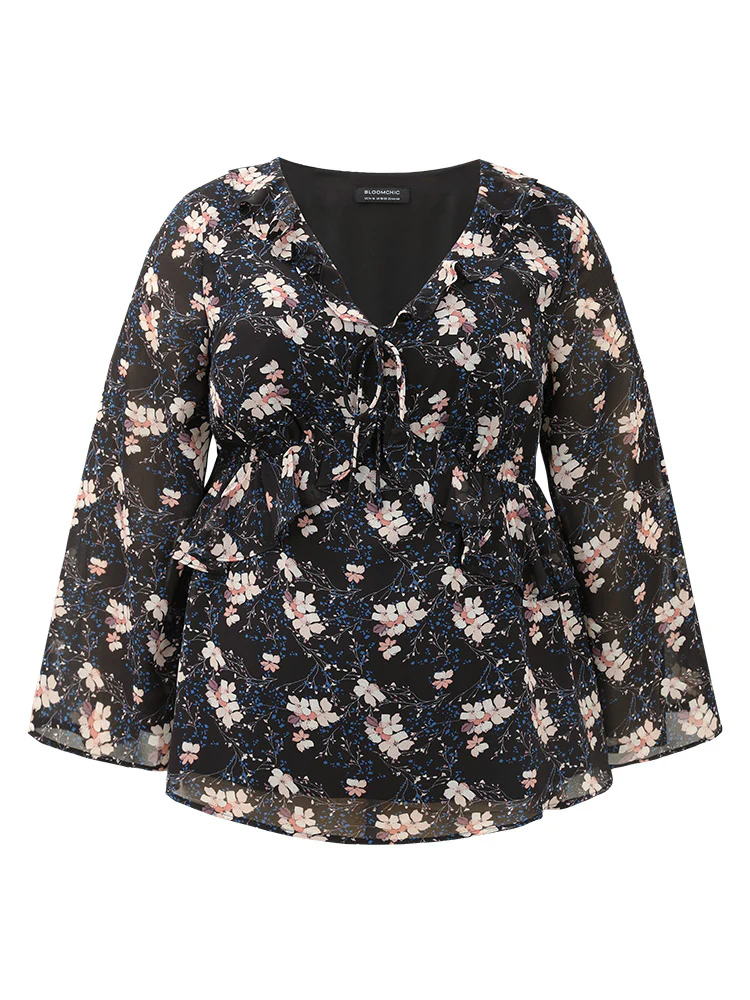 Ditsy Floral Ties Ruffles Elastic Waist Blouse - Image 8