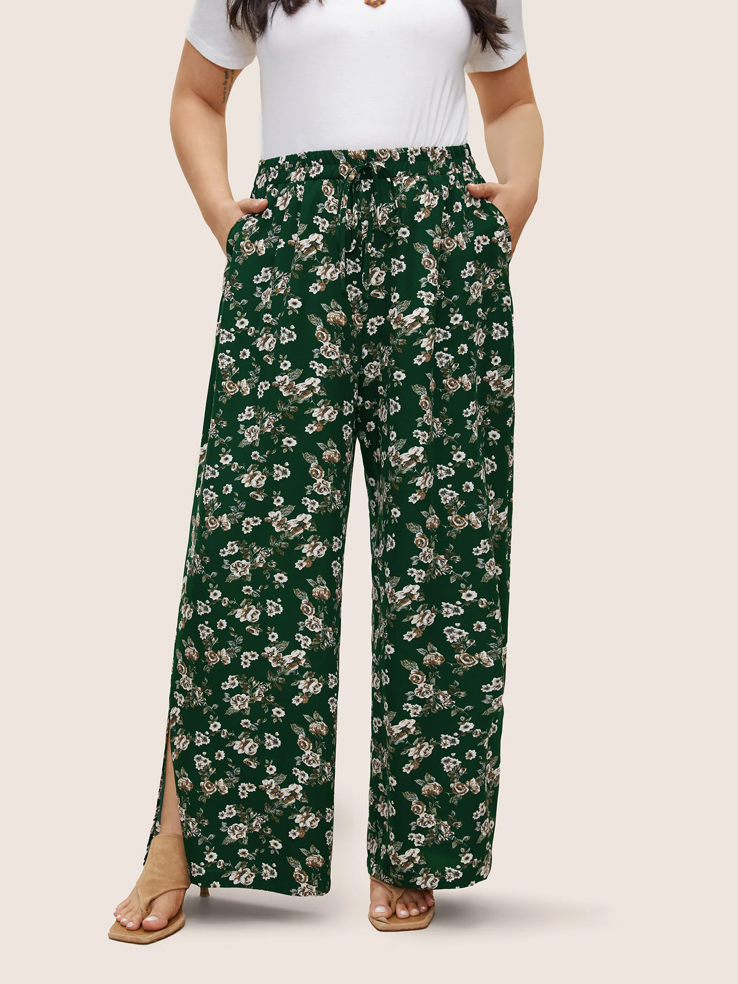 Ditsy Floral Ties Split Hem Wide Leg Pants - Image 9