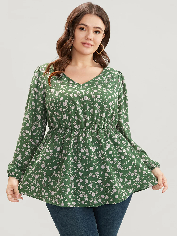 Ditsy Floral V Neck Lantern Sleeve Blouse - Image 2