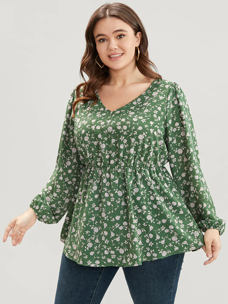 Ditsy Floral V Neck Lantern Sleeve Blouse - Image 3