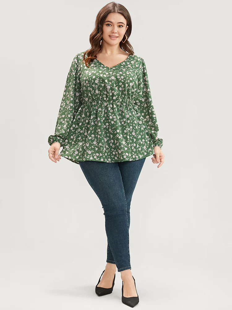 Ditsy Floral V Neck Lantern Sleeve Blouse - Image 4