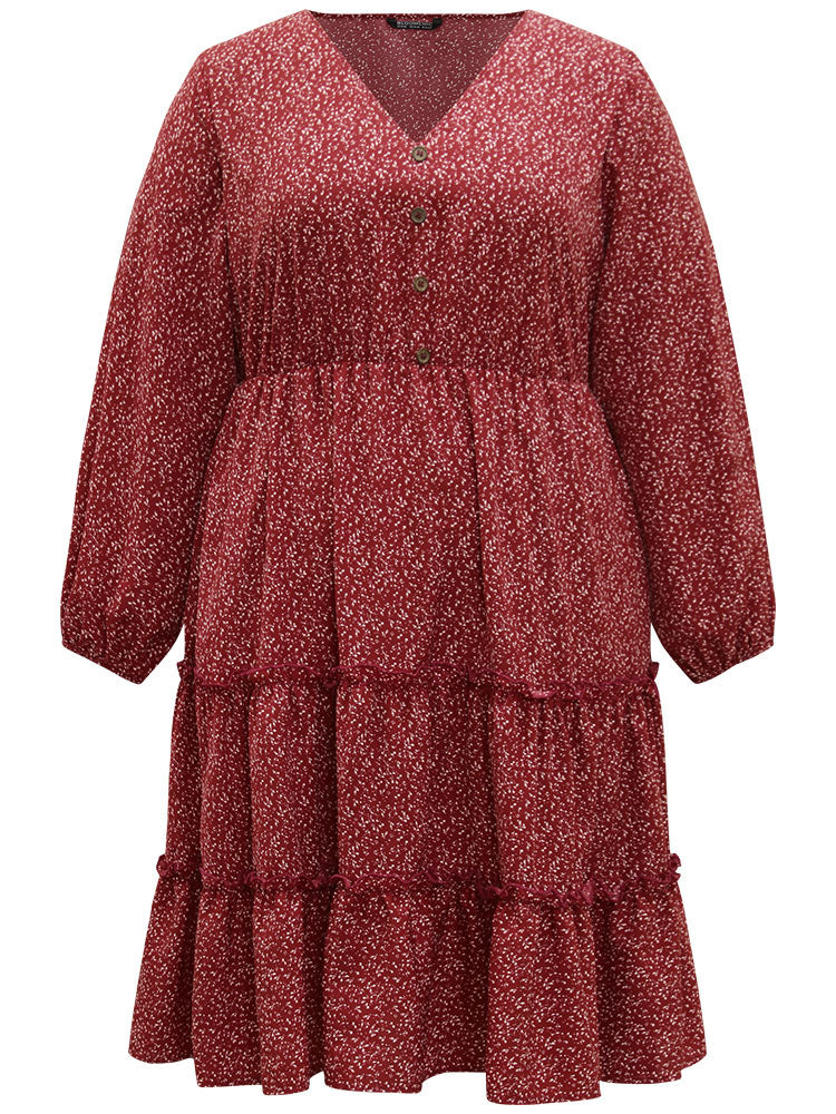 Ditsy Floral V Neck Lantern Sleeve Ruffle Layered Hem Dress - Image 10