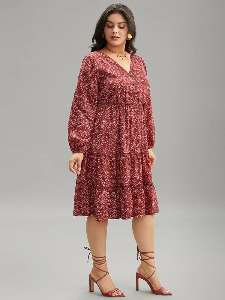 Ditsy Floral V Neck Lantern Sleeve Ruffle Layered Hem Dress - Image 2