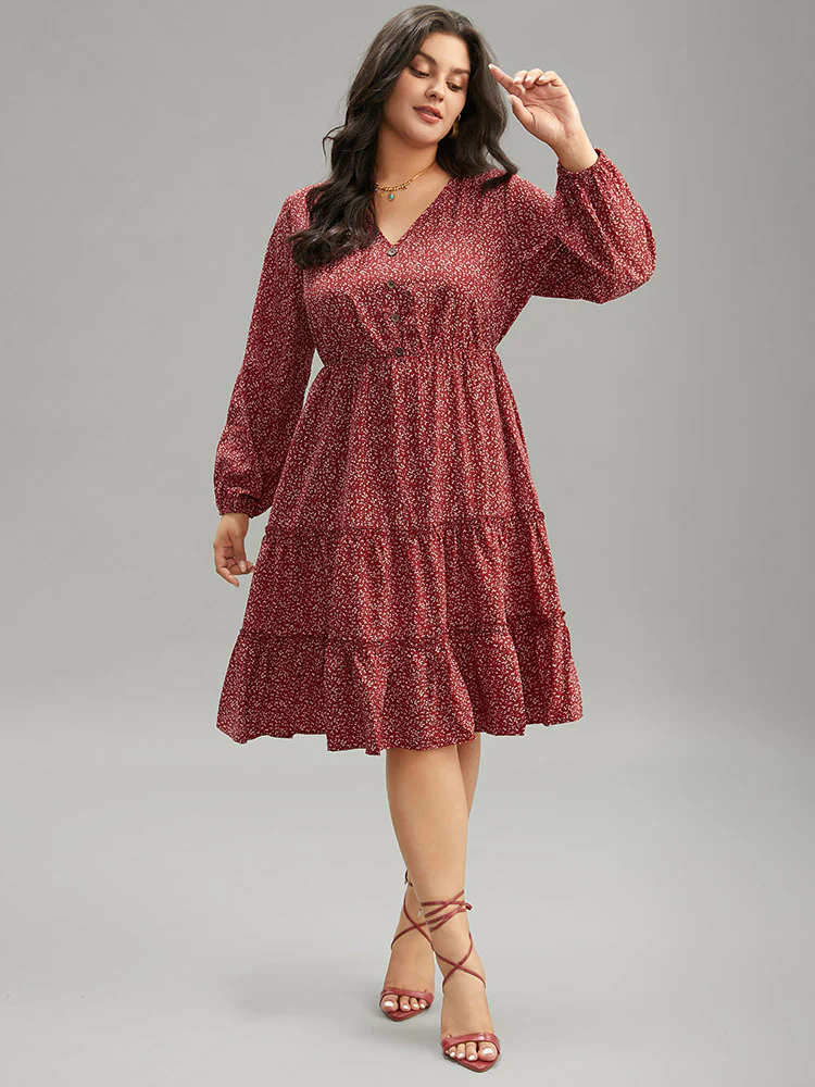 Ditsy Floral V Neck Lantern Sleeve Ruffle Layered Hem Dress - Image 4
