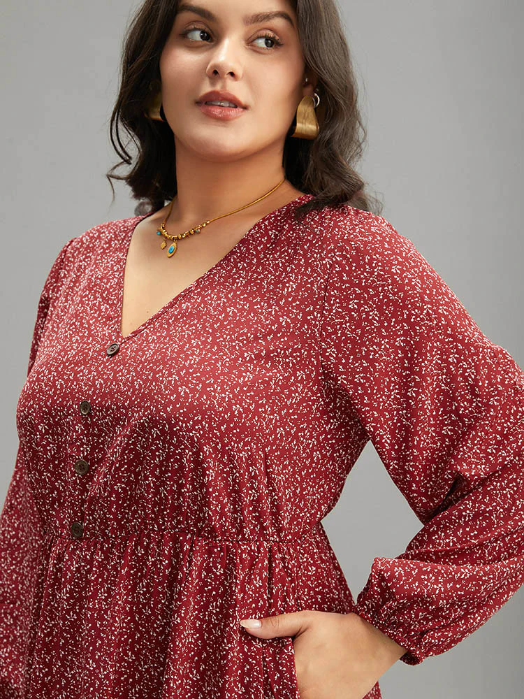 Ditsy Floral V Neck Lantern Sleeve Ruffle Layered Hem Dress - Image 6