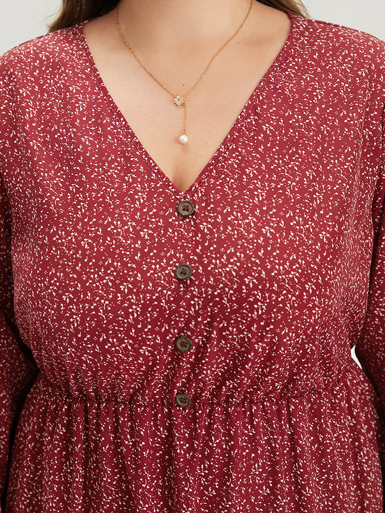 Ditsy Floral V Neck Lantern Sleeve Ruffle Layered Hem Dress - Image 7