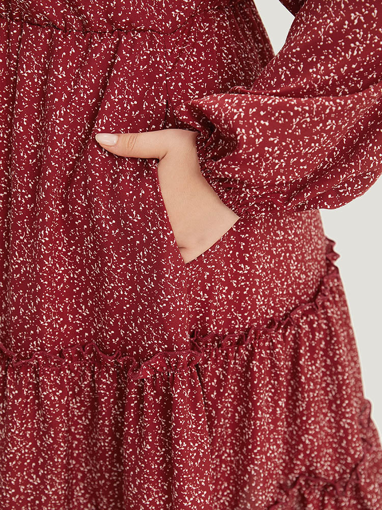 Ditsy Floral V Neck Lantern Sleeve Ruffle Layered Hem Dress - Image 8
