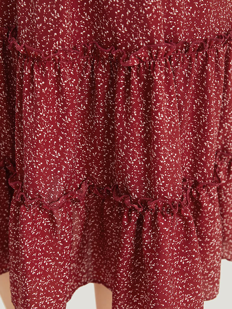 Ditsy Floral V Neck Lantern Sleeve Ruffle Layered Hem Dress - Image 9