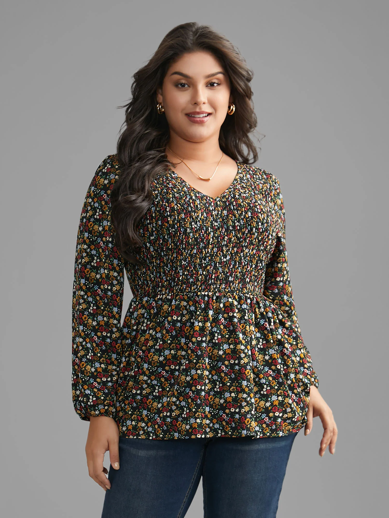 Ditsy Floral V Neck Shirred Blouse - Image 2