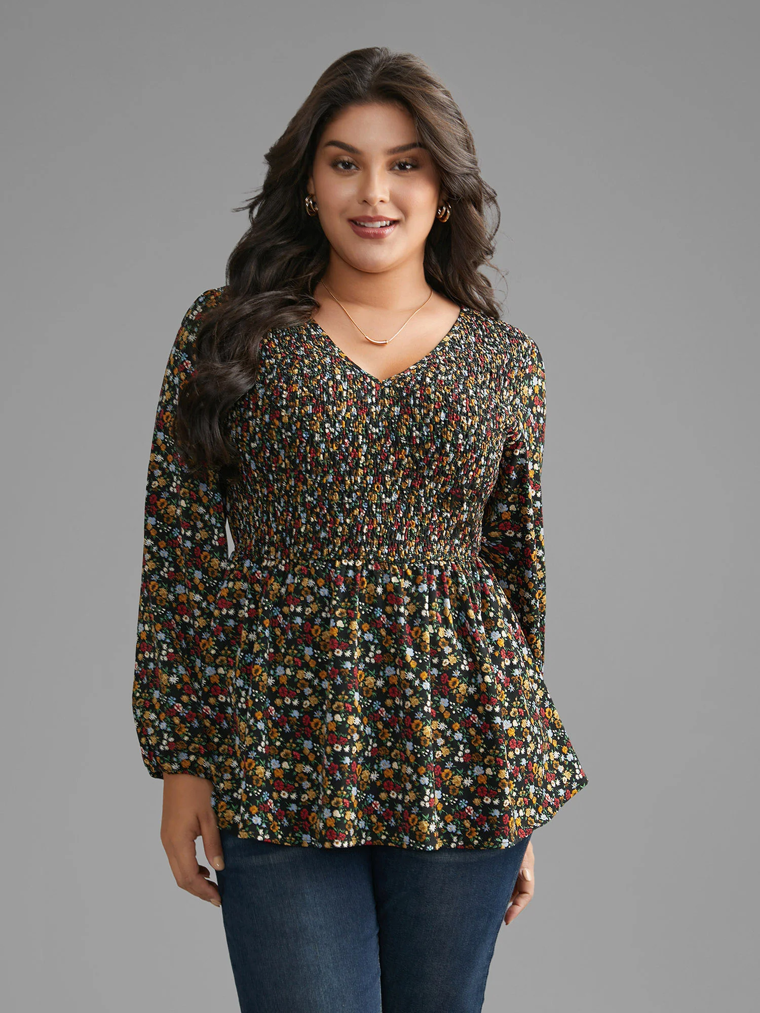 Ditsy Floral V Neck Shirred Blouse - Image 5