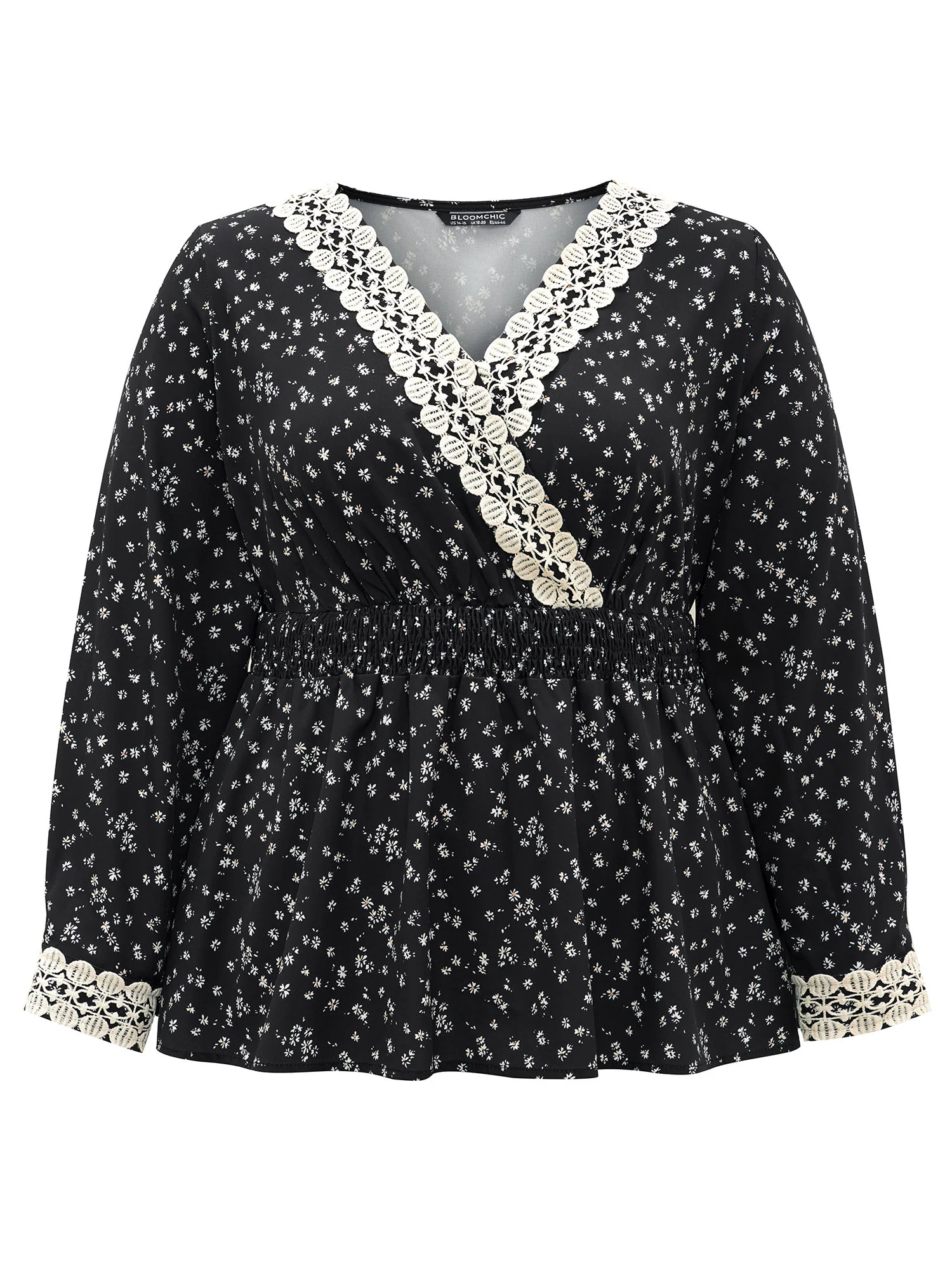 Ditsy Floral Wrap Shirred Lace Patchwork Blouse - Image 8