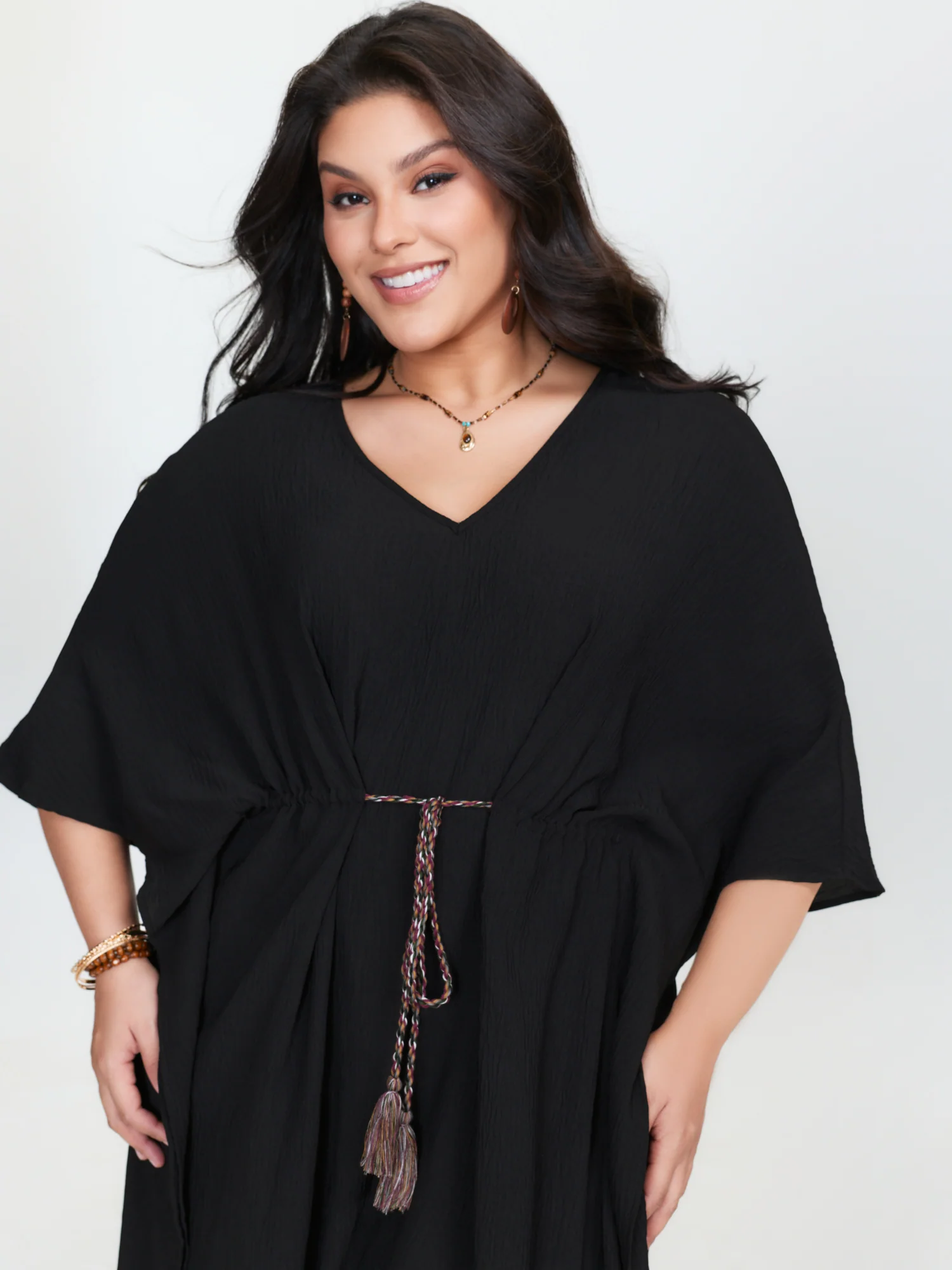 Dolman Sleeve Colorful Drawstring Waist Mini Dress - Image 2