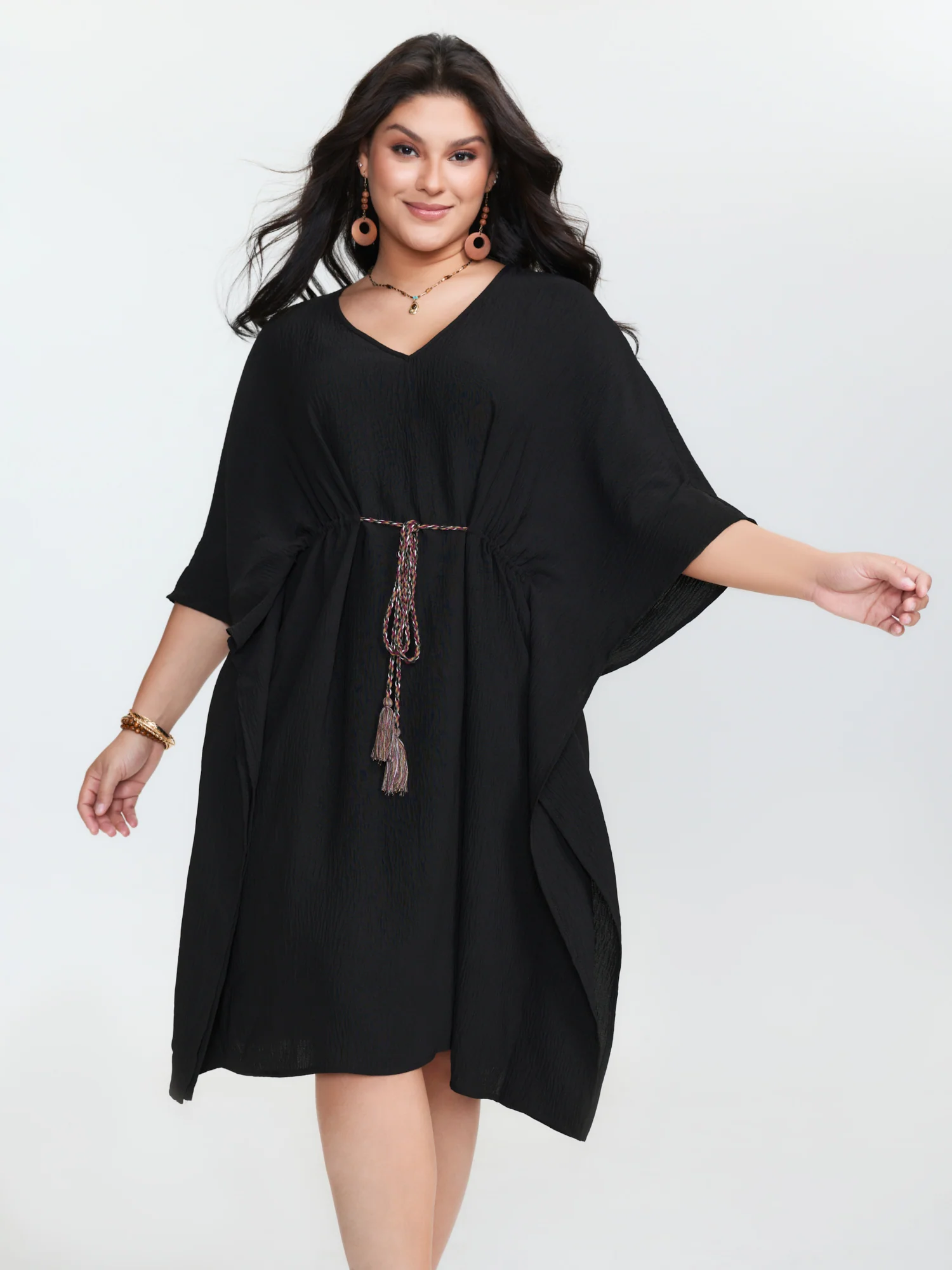 Dolman Sleeve Colorful Drawstring Waist Mini Dress - Image 4