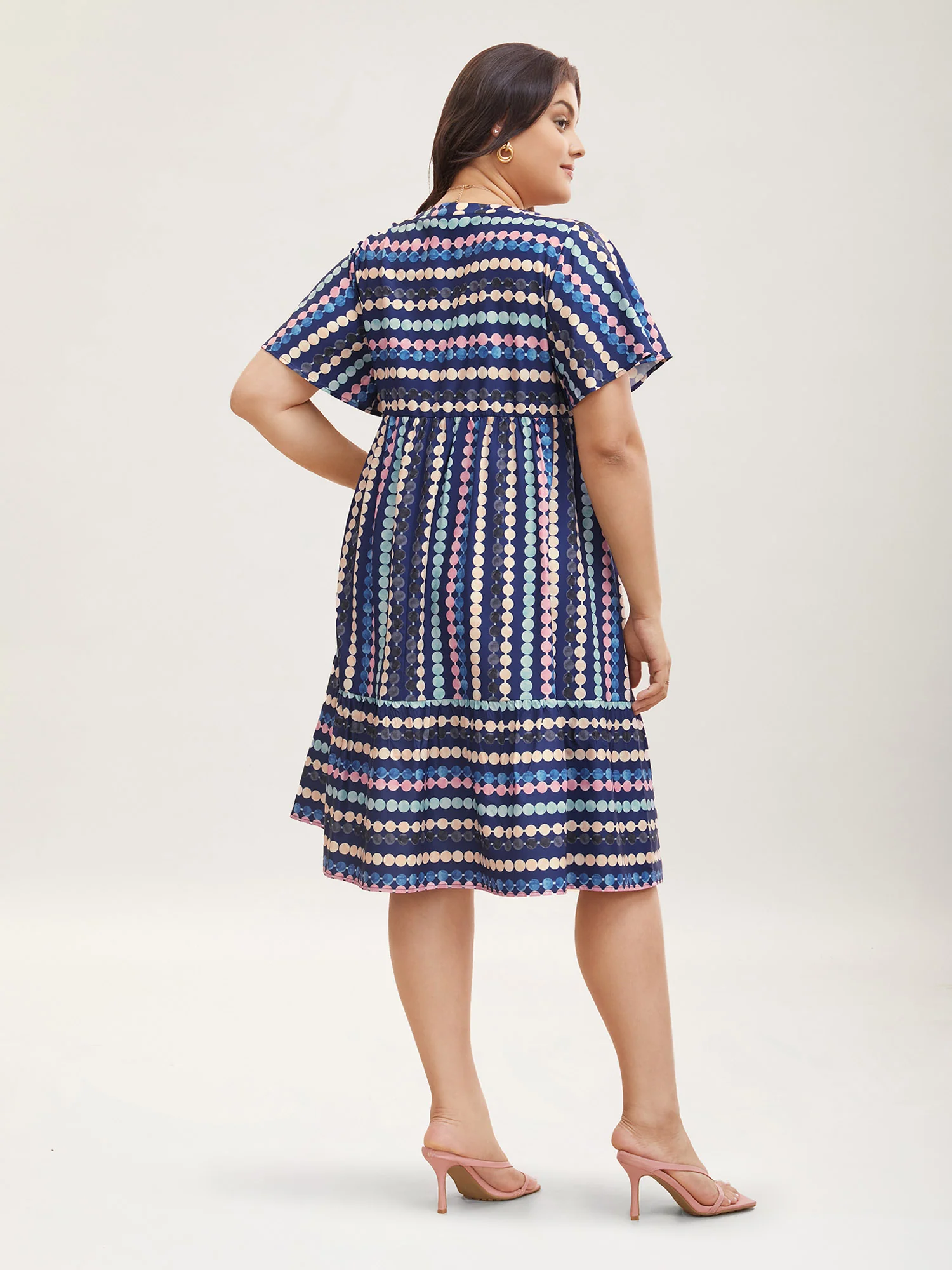 Dot Print Elastic Waist Split Neck Mini Dress - Image 10
