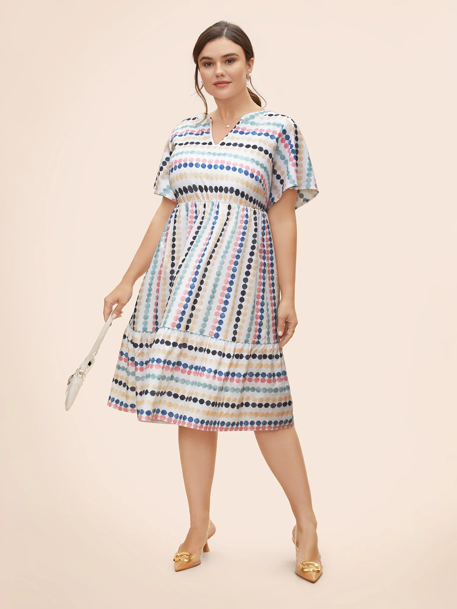 Dot Print Elastic Waist Split Neck Mini Dress - Image 3