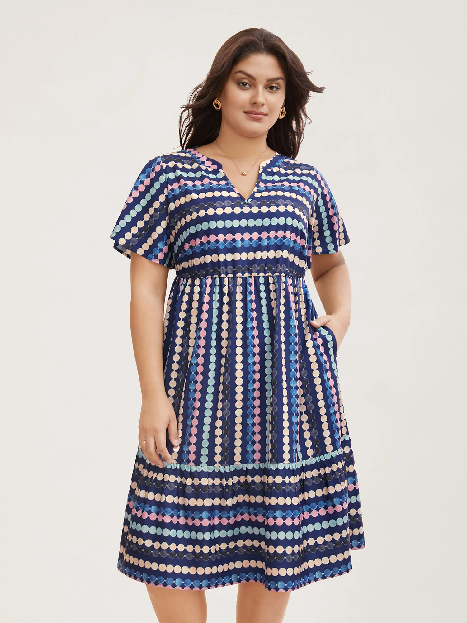 Dot Print Elastic Waist Split Neck Mini Dress - Image 9