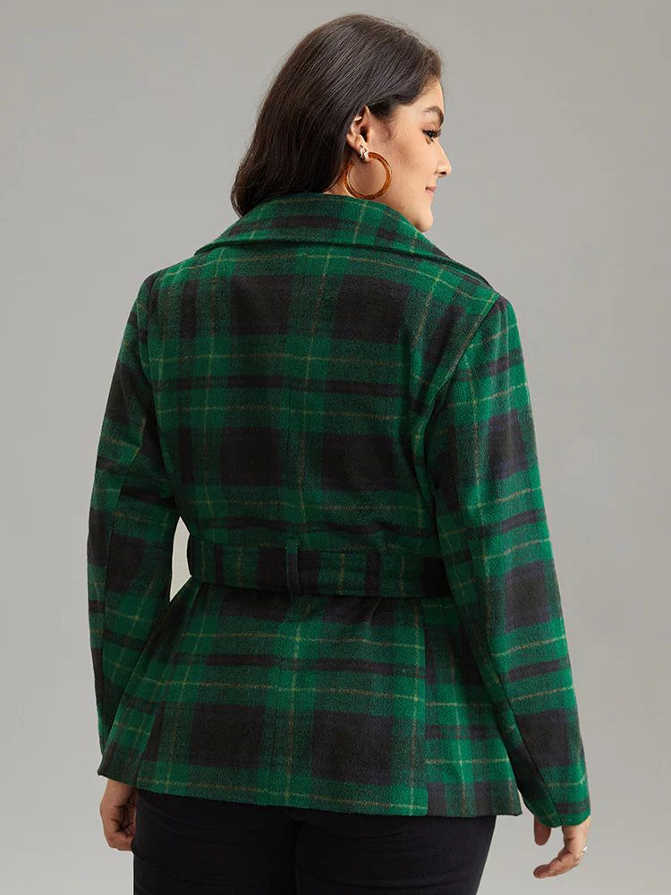 Double Breasted Lapel Collar Pocket Belted Jacket - Image 2