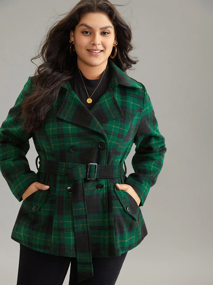 Double Breasted Lapel Collar Pocket Belted Jacket - Image 3