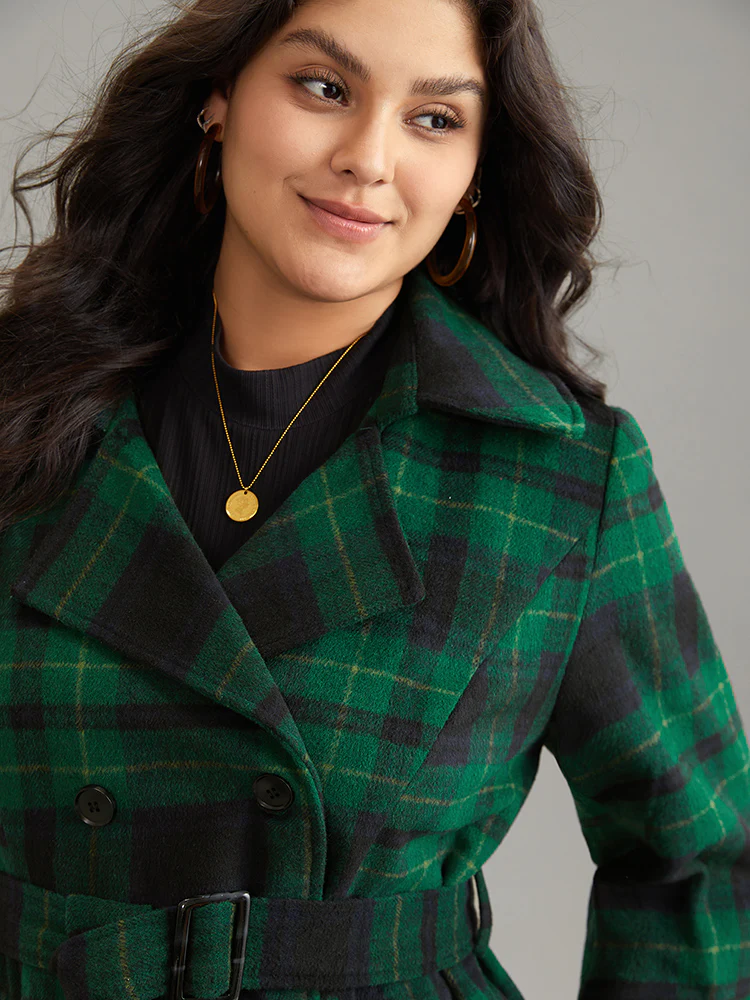 Double Breasted Lapel Collar Pocket Belted Jacket - Image 5