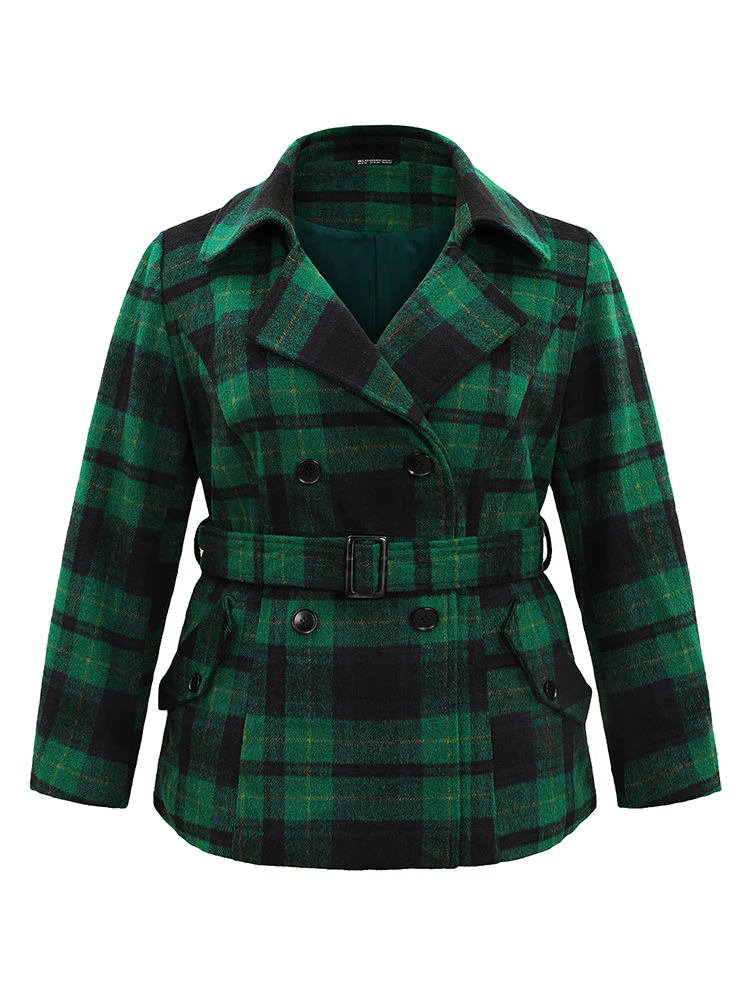Double Breasted Lapel Collar Pocket Belted Jacket - Image 6