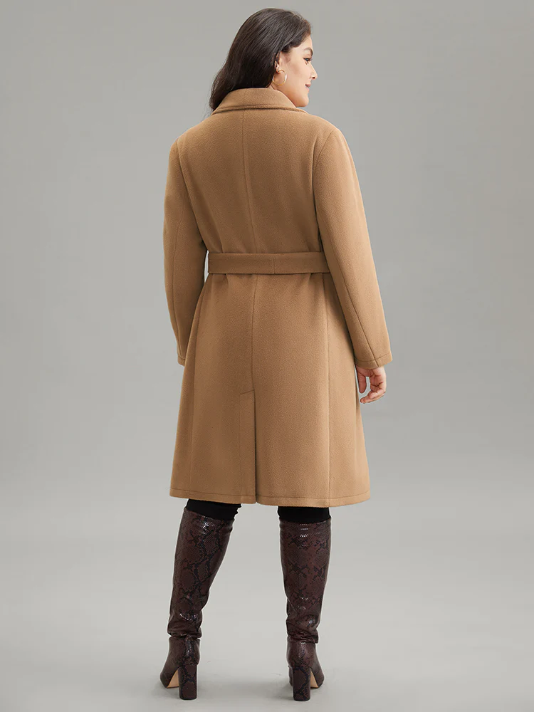 Double Breasted Plain Belted Pocket Lapel Collar Coat - Image 2