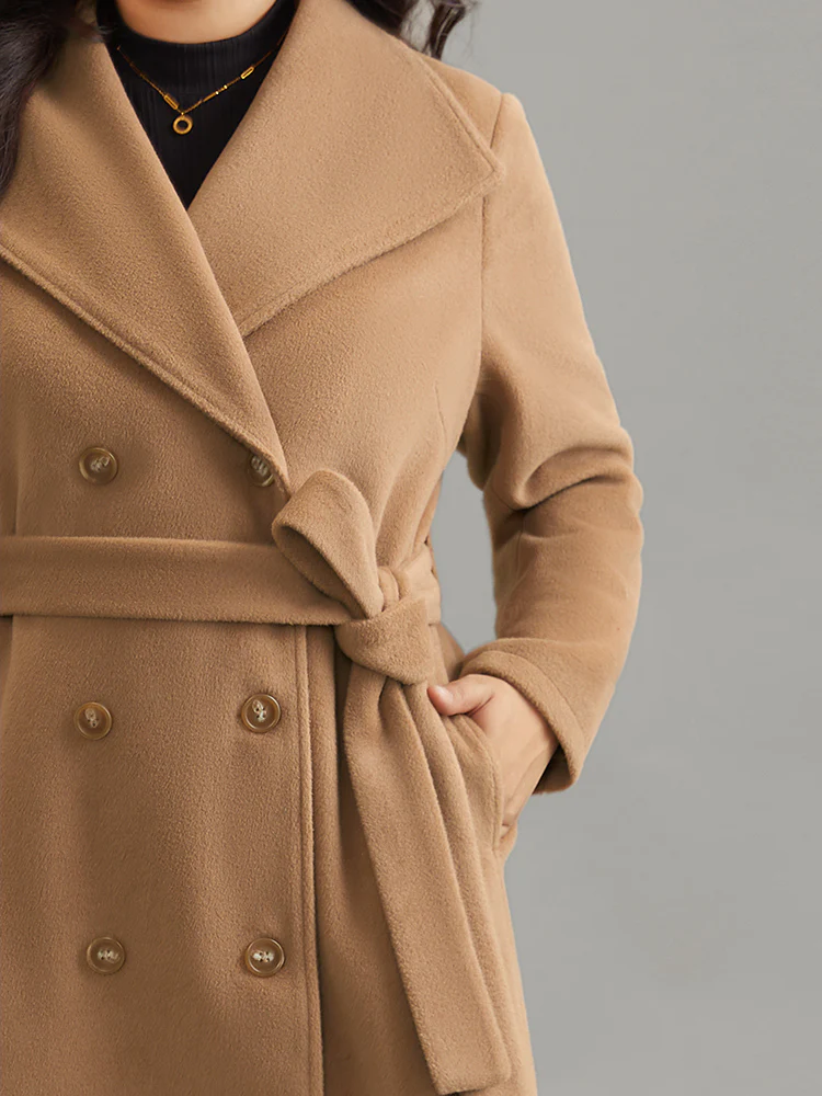 Double Breasted Plain Belted Pocket Lapel Collar Coat - Image 3